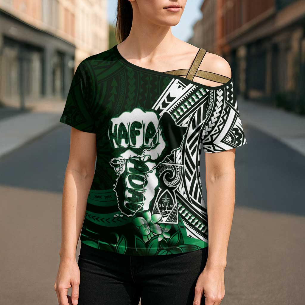 Hafa Adai Guam Discovery Day Cross Shoulder Shirt Chamorro Latte Stone Hand Green Version LT14 - Polynesian Pride