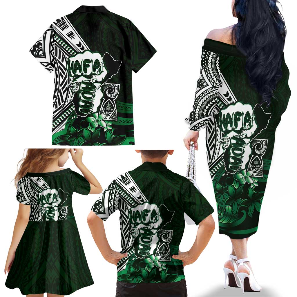 Hafa Adai Guam Discovery Day Family Matching Off The Shoulder Long Sleeve Dress and Hawaiian Shirt Chamorro Latte Stone Hand Green Version