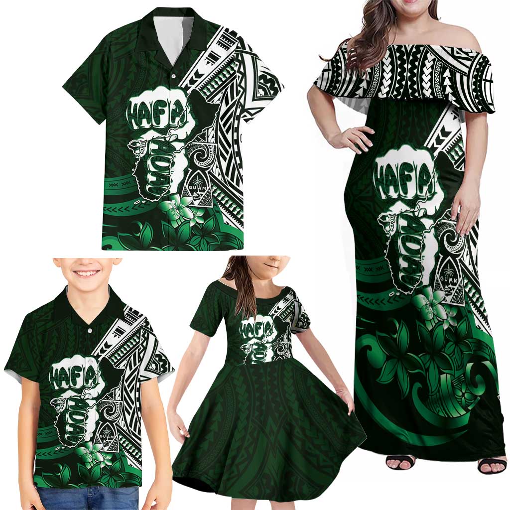 Hafa Adai Guam Discovery Day Family Matching Off Shoulder Maxi Dress and Hawaiian Shirt Chamorro Latte Stone Hand Green Version