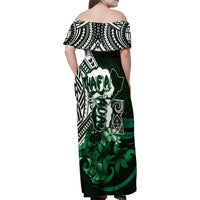 Hafa Adai Guam Discovery Day Family Matching Off Shoulder Maxi Dress and Hawaiian Shirt Chamorro Latte Stone Hand Green Version