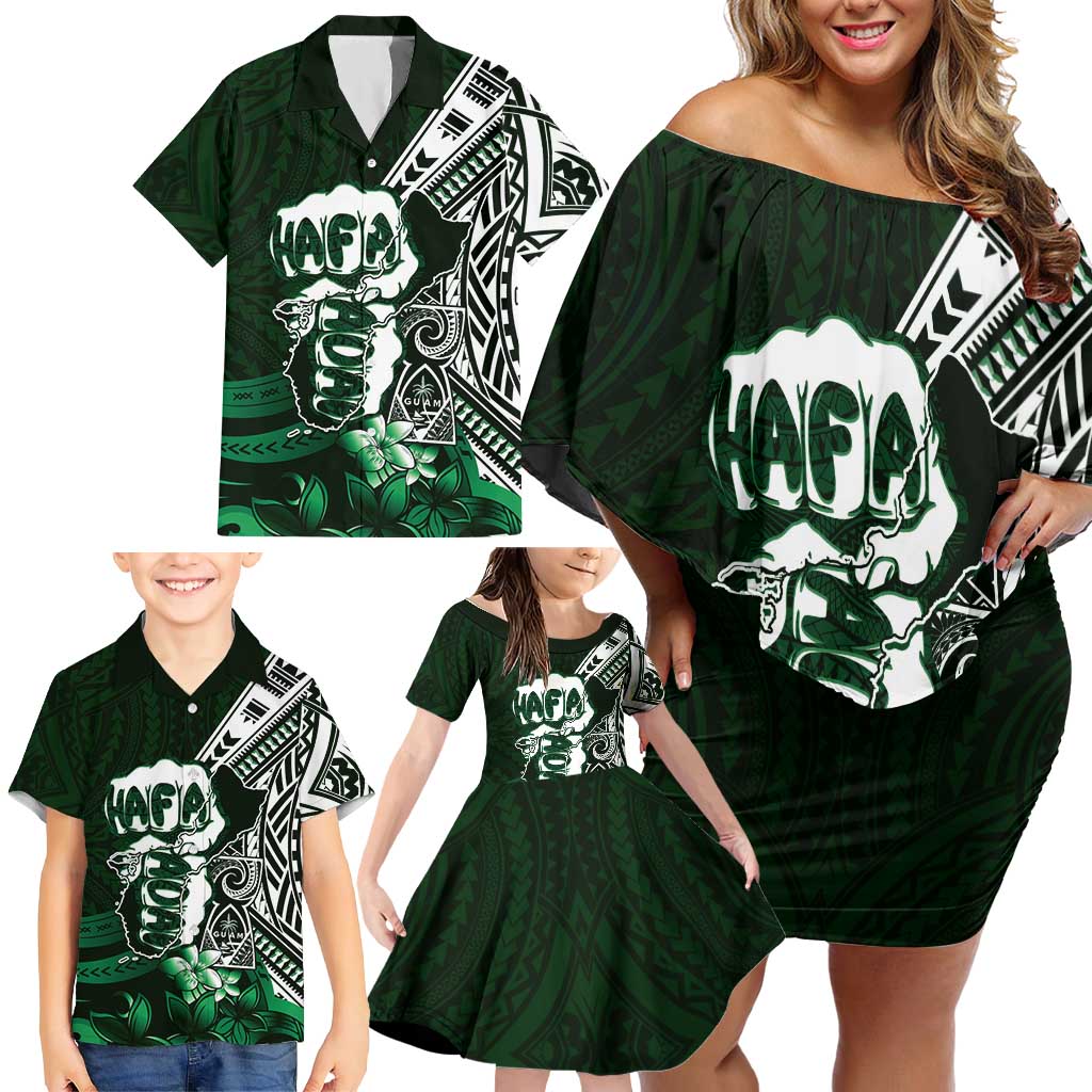 Hafa Adai Guam Discovery Day Family Matching Off Shoulder Short Dress and Hawaiian Shirt Chamorro Latte Stone Hand Green Version LT14 - Polynesian Pride