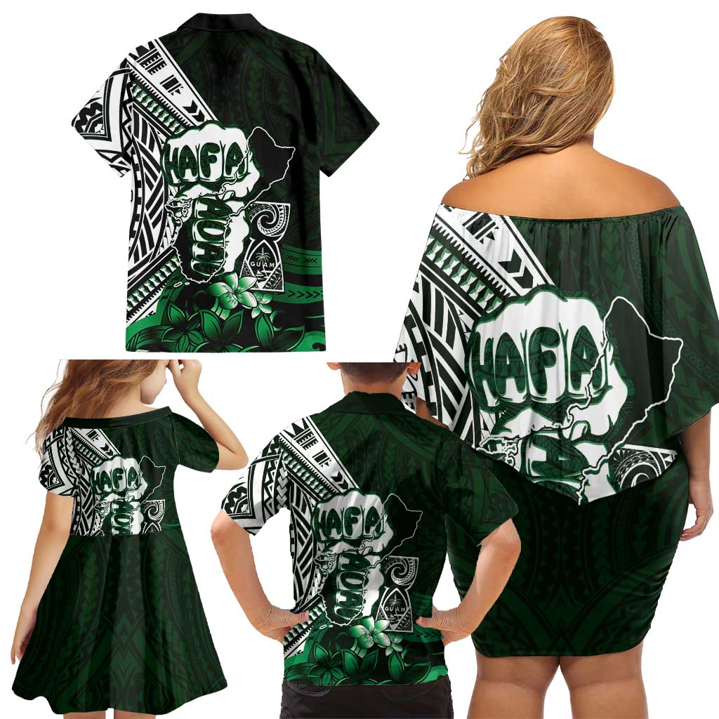Hafa Adai Guam Discovery Day Family Matching Off Shoulder Short Dress and Hawaiian Shirt Chamorro Latte Stone Hand Green Version