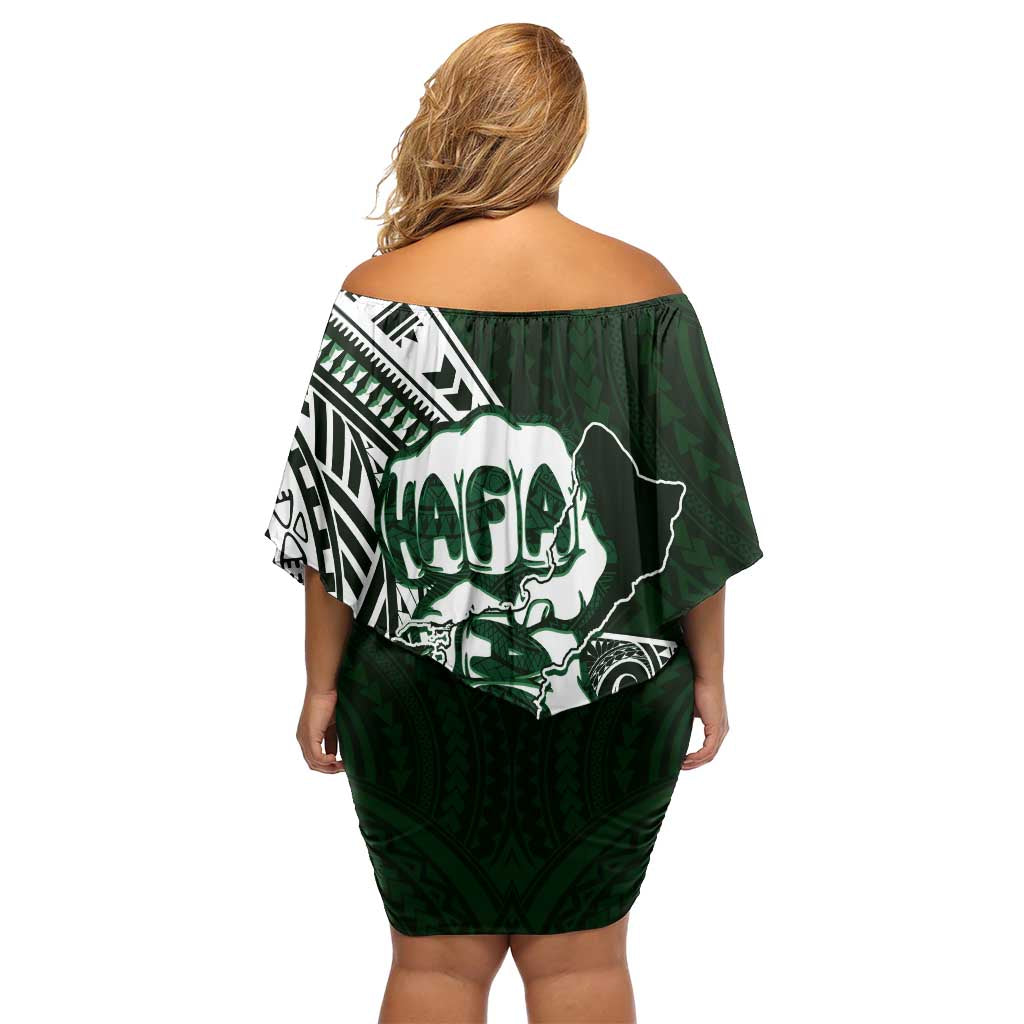 Hafa Adai Guam Discovery Day Family Matching Off Shoulder Short Dress and Hawaiian Shirt Chamorro Latte Stone Hand Green Version