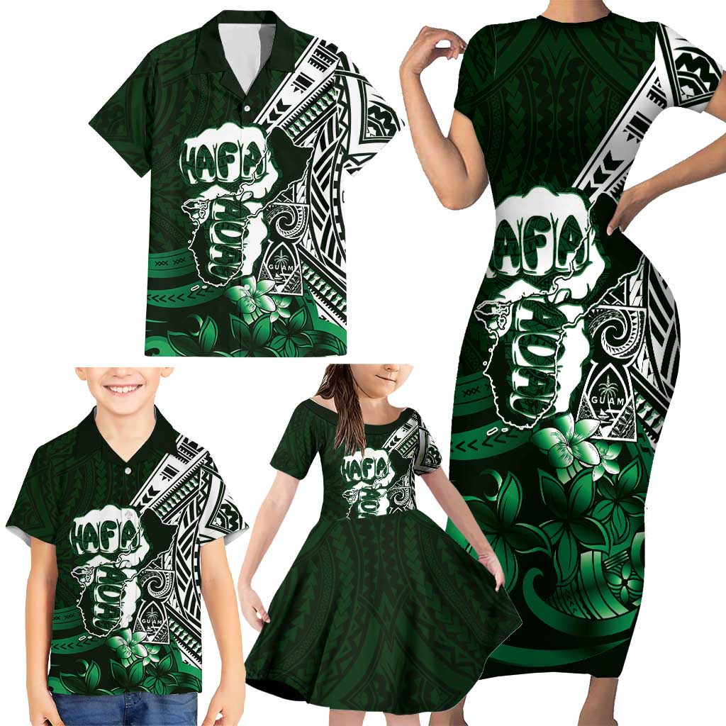 Hafa Adai Guam Discovery Day Family Matching Short Sleeve Bodycon Dress and Hawaiian Shirt Chamorro Latte Stone Hand Green Version LT14 - Polynesian Pride