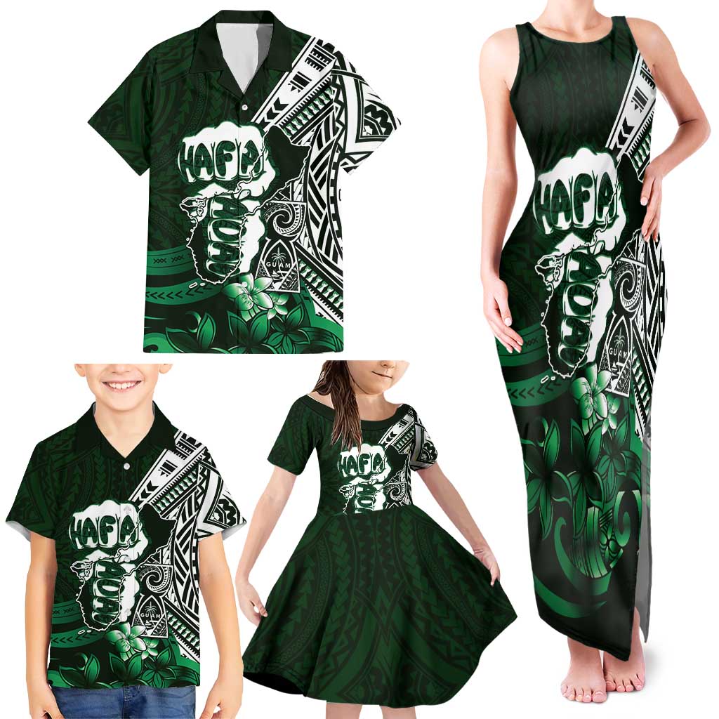 Hafa Adai Guam Discovery Day Family Matching Tank Maxi Dress and Hawaiian Shirt Chamorro Latte Stone Hand Green Version