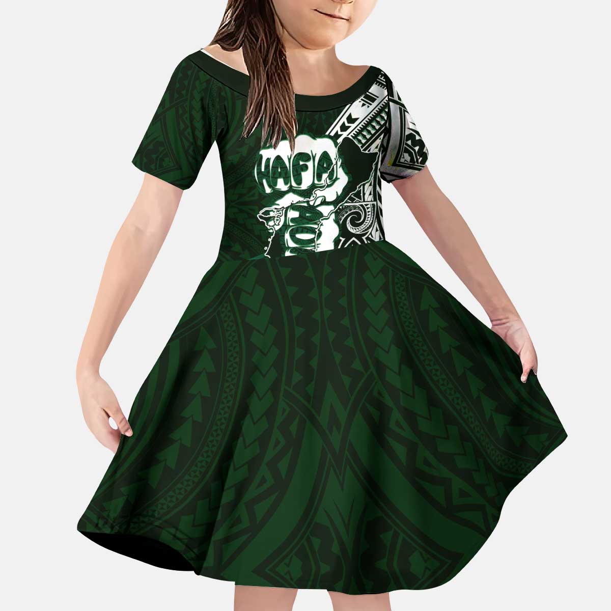 Hafa Adai Guam Discovery Day Kid Short Sleeve Dress Chamorro Latte Stone Hand Green Version LT14 KID Green - Polynesian Pride