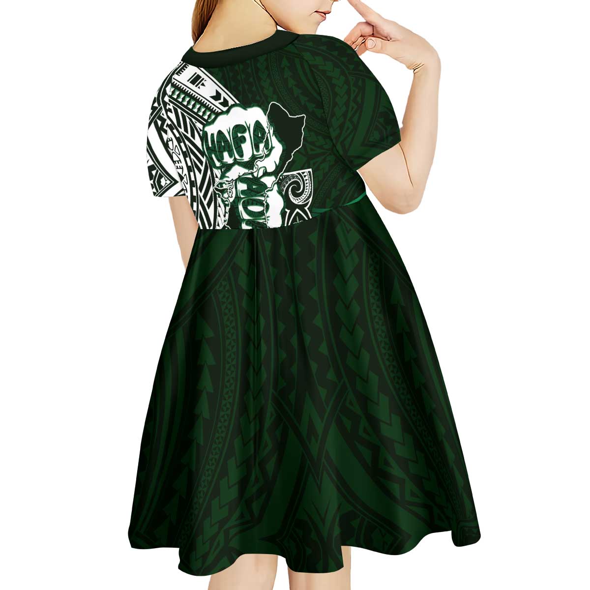 Hafa Adai Guam Discovery Day Kid Short Sleeve Dress Chamorro Latte Stone Hand Green Version LT14 - Polynesian Pride