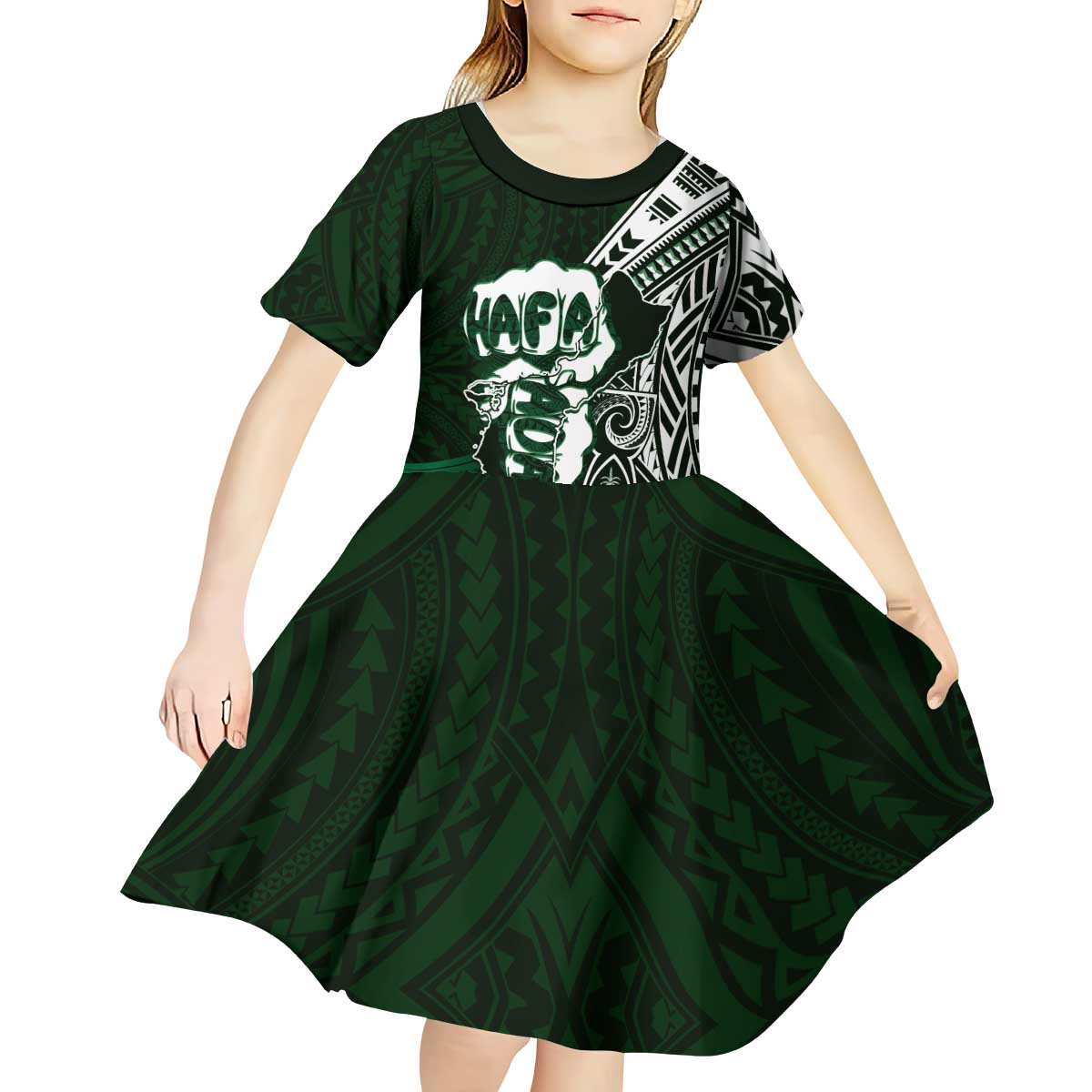 Hafa Adai Guam Discovery Day Kid Short Sleeve Dress Chamorro Latte Stone Hand Green Version LT14 - Polynesian Pride