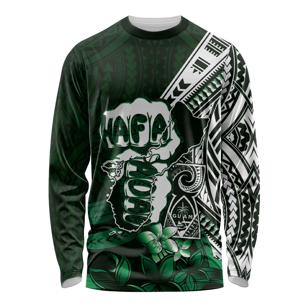 Hafa Adai Guam Discovery Day Long Sleeve Shirt Chamorro Latte Stone Hand Green Version LT14 Unisex Green - Polynesian Pride