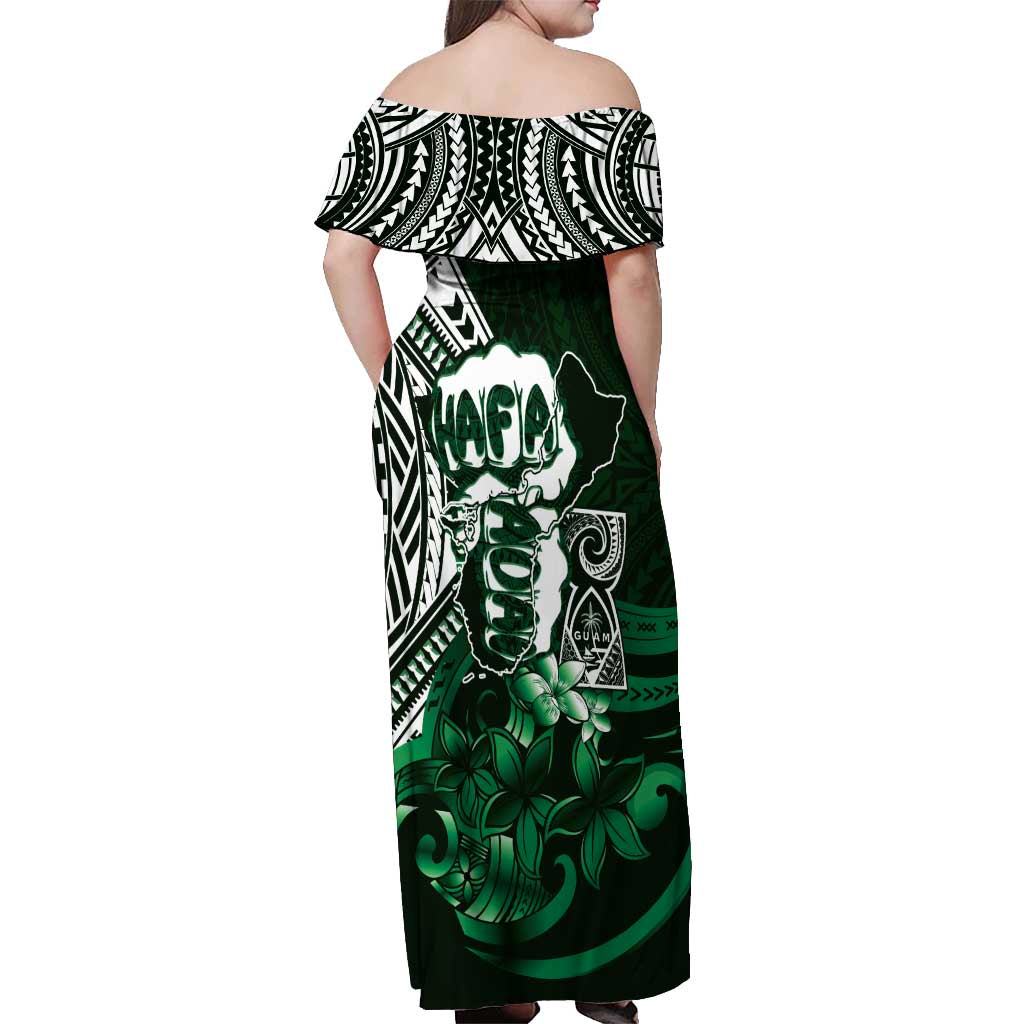 Hafa Adai Guam Discovery Day Off Shoulder Maxi Dress Chamorro Latte Stone Hand Green Version LT14 - Polynesian Pride