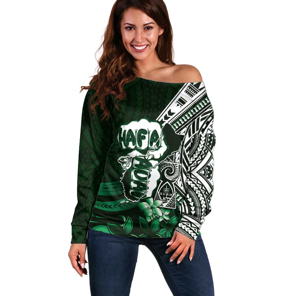 Hafa Adai Guam Discovery Day Off Shoulder Sweater Chamorro Latte Stone Hand Green Version LT14 Women Green - Polynesian Pride