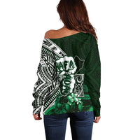 Hafa Adai Guam Discovery Day Off Shoulder Sweater Chamorro Latte Stone Hand Green Version LT14 - Polynesian Pride