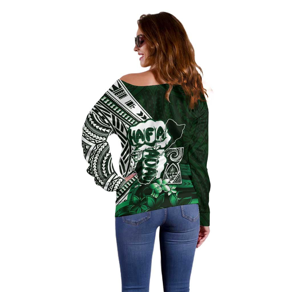 Hafa Adai Guam Discovery Day Off Shoulder Sweater Chamorro Latte Stone Hand Green Version LT14 - Polynesian Pride