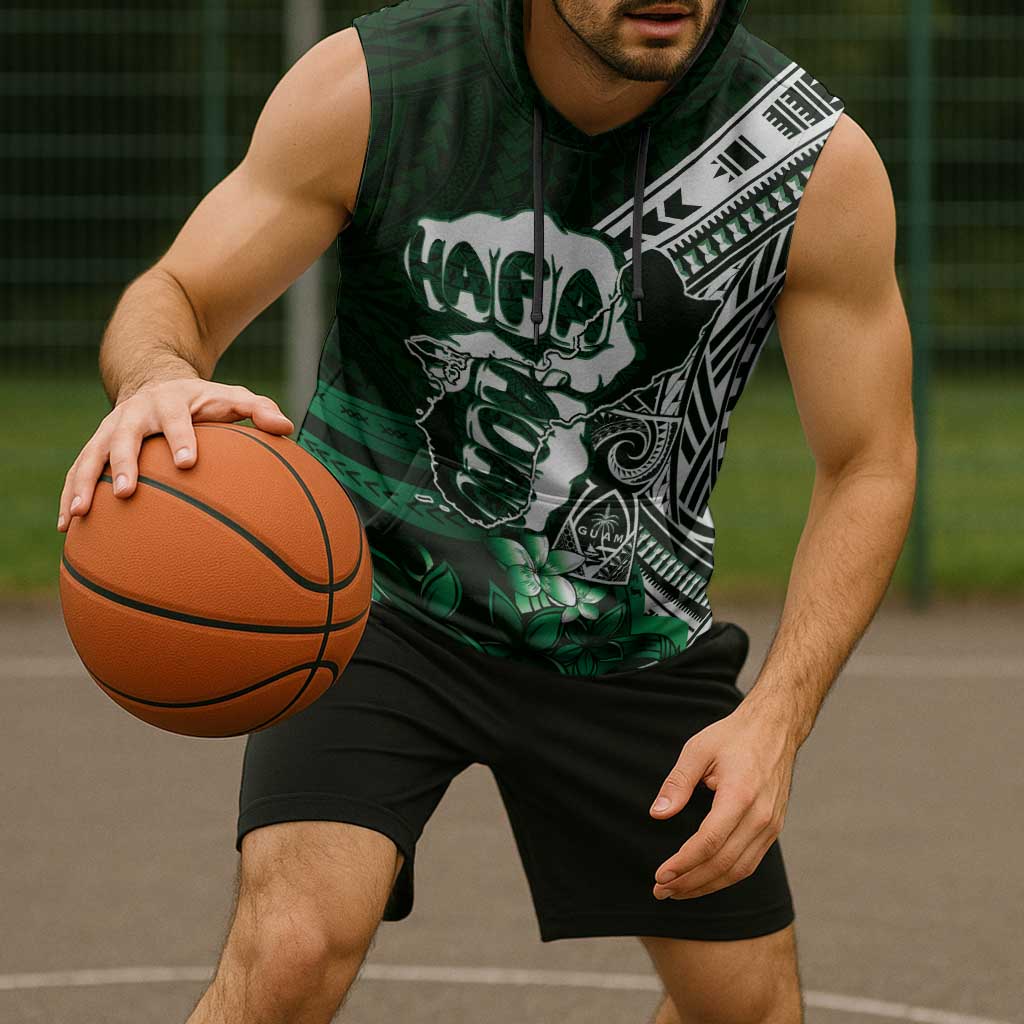 Hafa Adai Guam Discovery Day Sleeveless Hoodie Chamorro Latte Stone Hand Green Version LT14 - Polynesian Pride