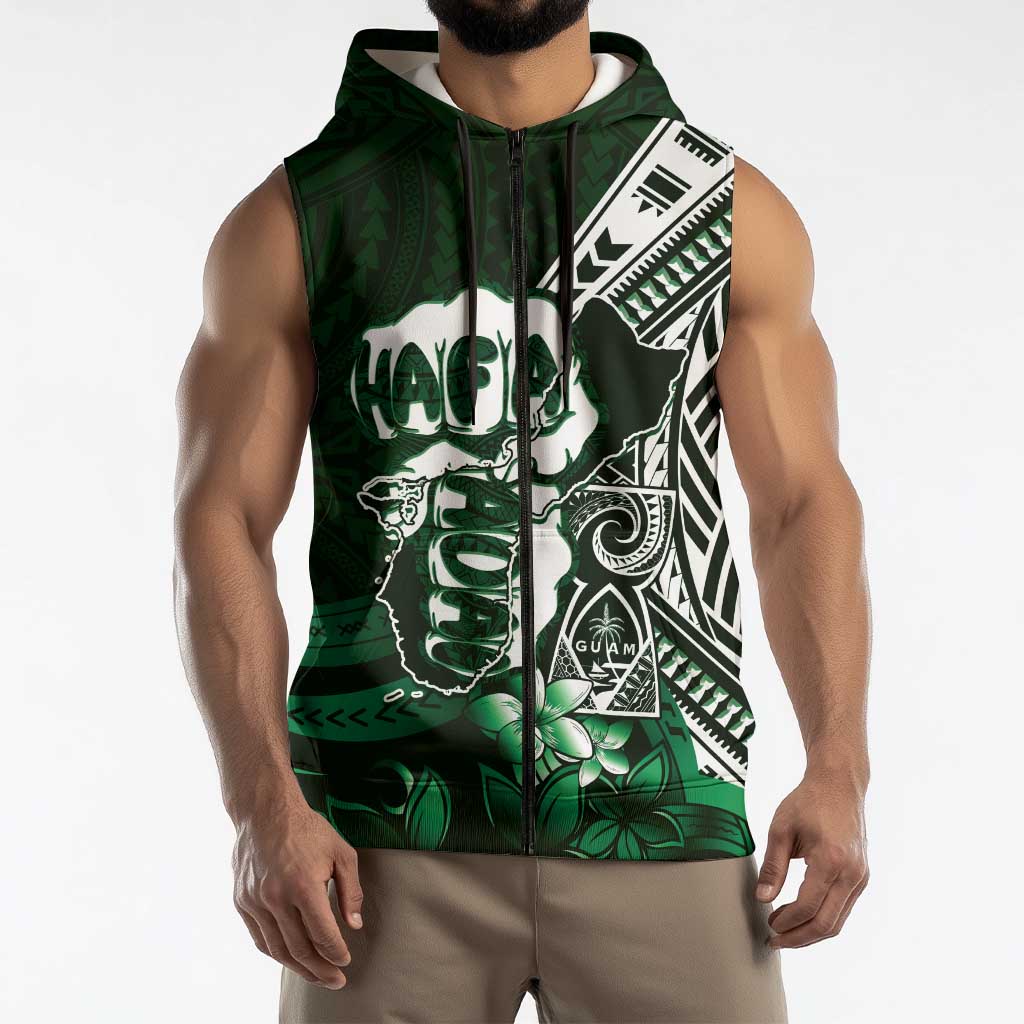 Hafa Adai Guam Discovery Day Sleeveless Zip Hoodie Chamorro Latte Stone Hand Green Version LT14 - Polynesian Pride