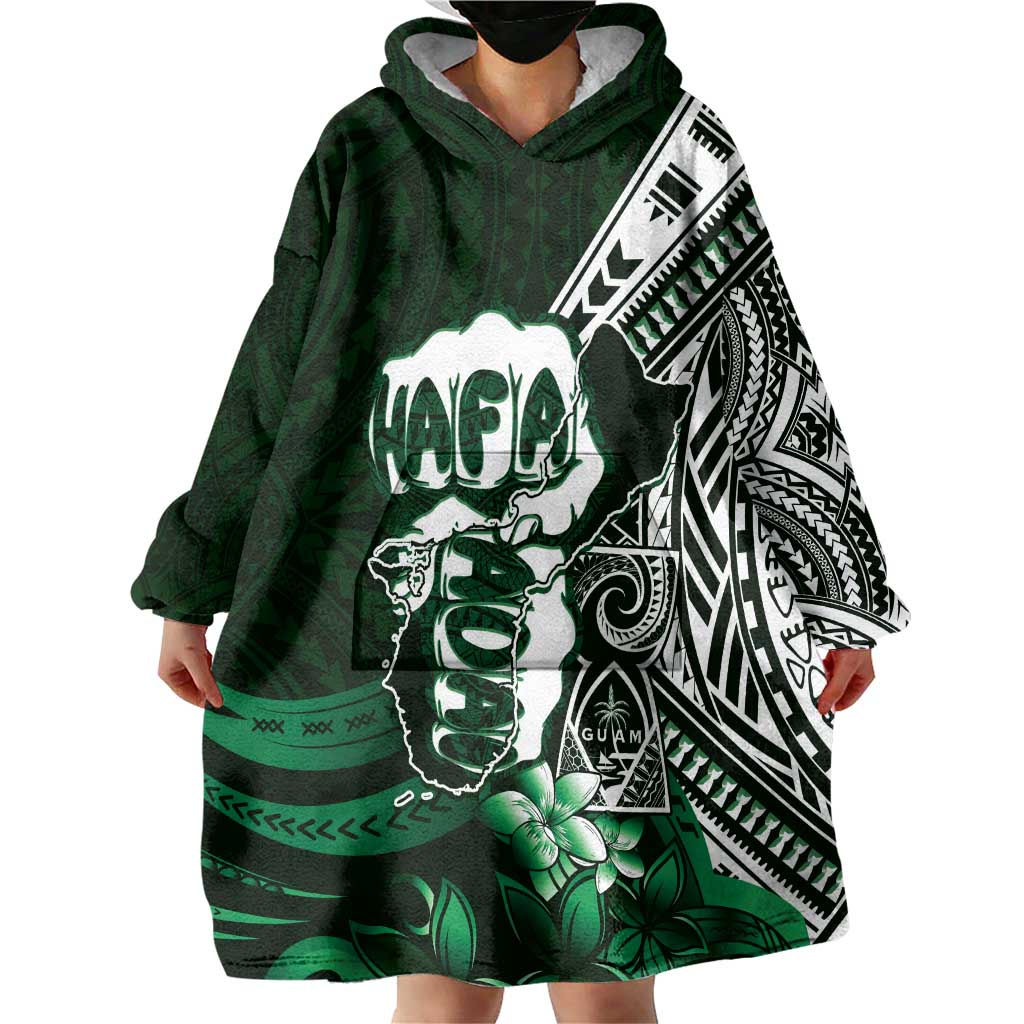 Hafa Adai Guam Discovery Day Wearable Blanket Hoodie Chamorro Latte Stone Hand Green Version LT14 - Polynesian Pride
