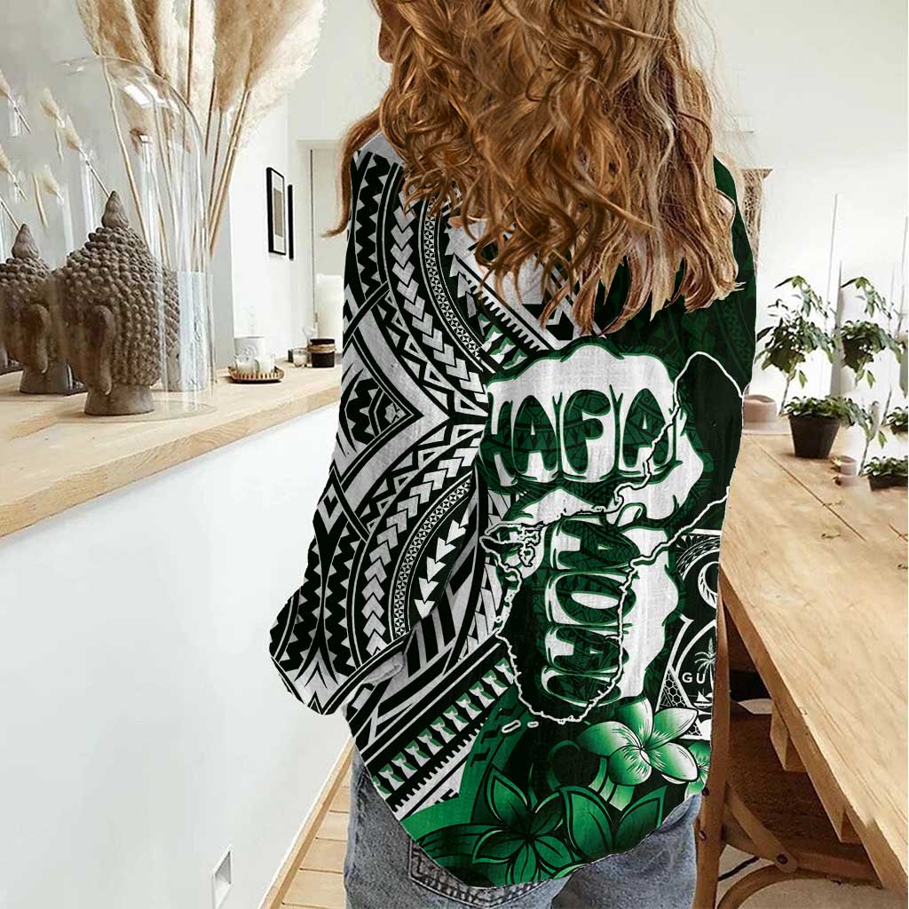 Hafa Adai Guam Discovery Day Women Casual Shirt Chamorro Latte Stone Hand Green Version