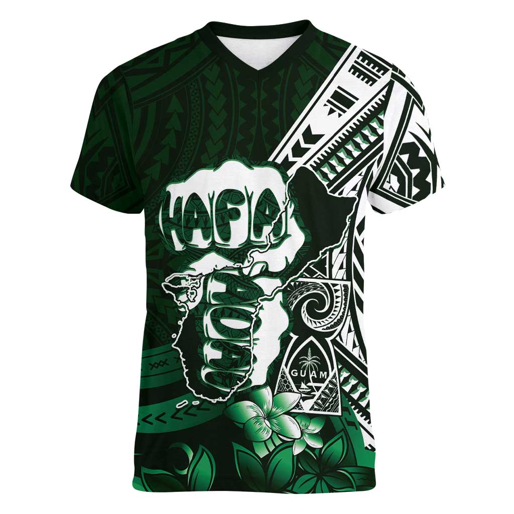 Hafa Adai Guam Discovery Day Women V-Neck T-Shirt Chamorro Latte Stone Hand Green Version LT14 Female Green - Polynesian Pride