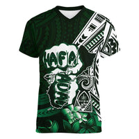 Hafa Adai Guam Discovery Day Women V-Neck T-Shirt Chamorro Latte Stone Hand Green Version LT14 Female Green - Polynesian Pride