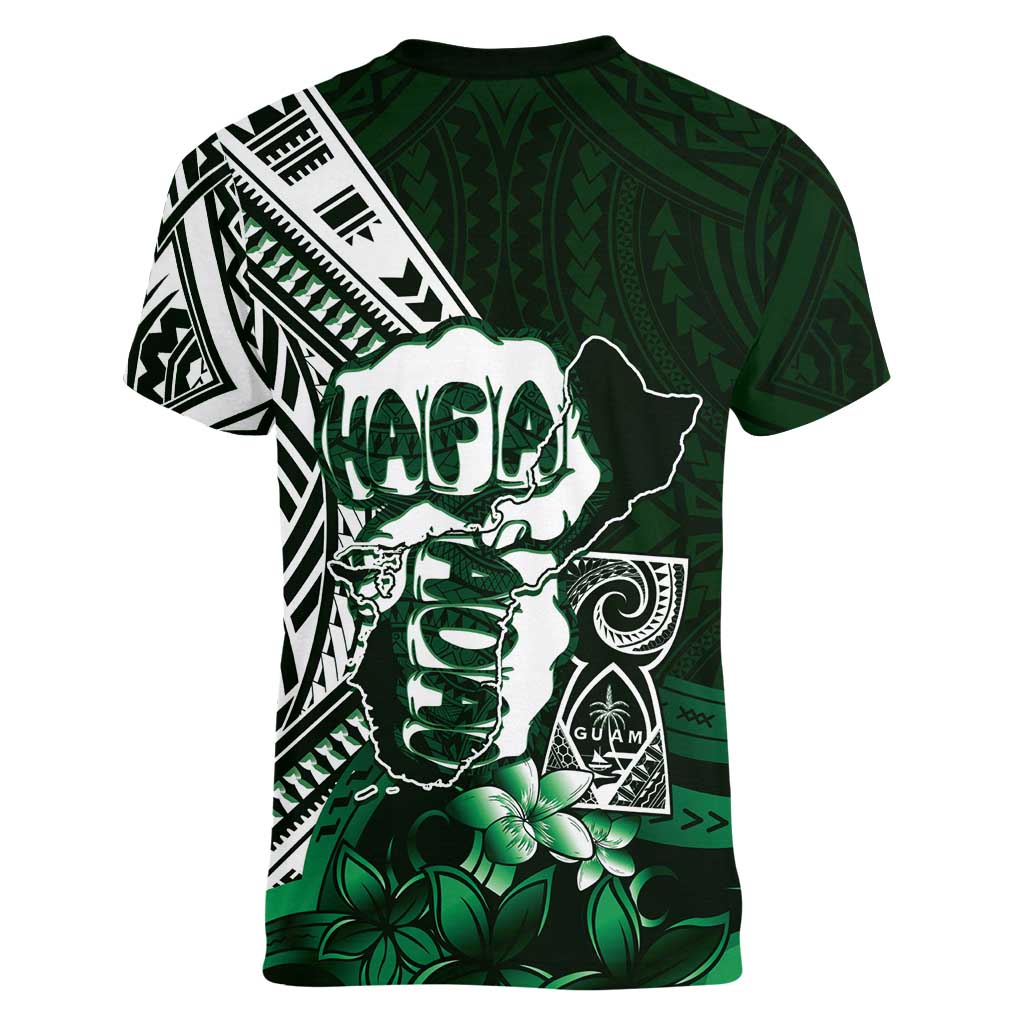 Hafa Adai Guam Discovery Day Women V-Neck T-Shirt Chamorro Latte Stone Hand Green Version LT14 - Polynesian Pride