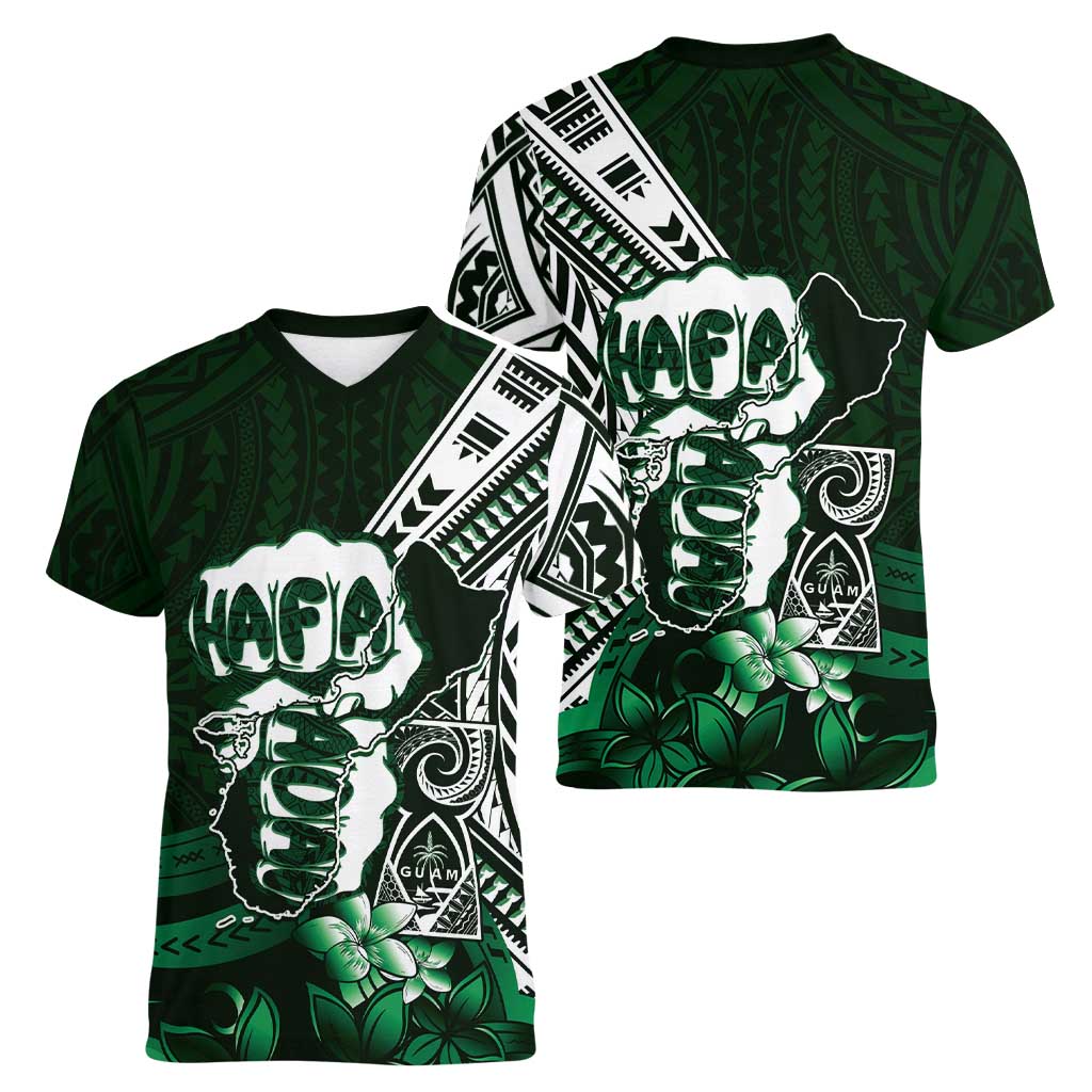 Hafa Adai Guam Discovery Day Women V-Neck T-Shirt Chamorro Latte Stone Hand Green Version LT14 - Polynesian Pride