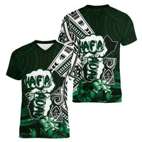 Hafa Adai Guam Discovery Day Women V-Neck T-Shirt Chamorro Latte Stone Hand Green Version LT14 - Polynesian Pride