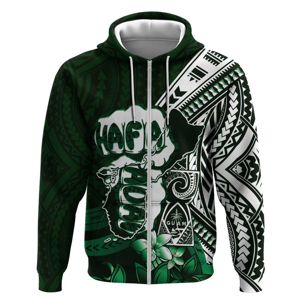 Hafa Adai Guam Discovery Day Zip Hoodie Chamorro Latte Stone Hand Green Version LT14 Zip Hoodie Green - Polynesian Pride