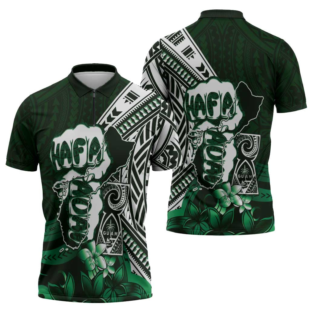 Hafa Adai Guam Discovery Day Zipper Polo Shirt Chamorro Latte Stone Hand Green Version LT14 - Polynesian Pride
