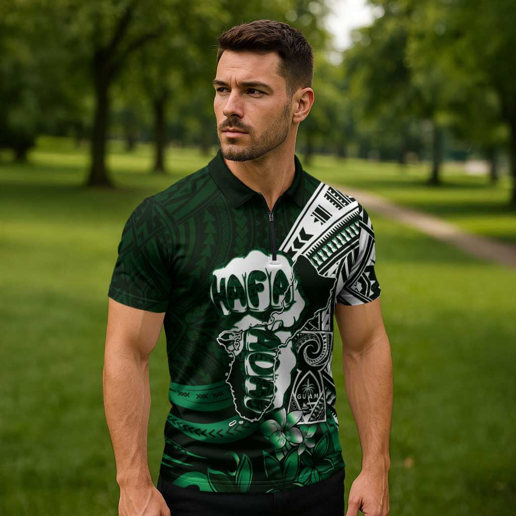Hafa Adai Guam Discovery Day Zipper Polo Shirt Chamorro Latte Stone Hand Green Version LT14 - Polynesian Pride