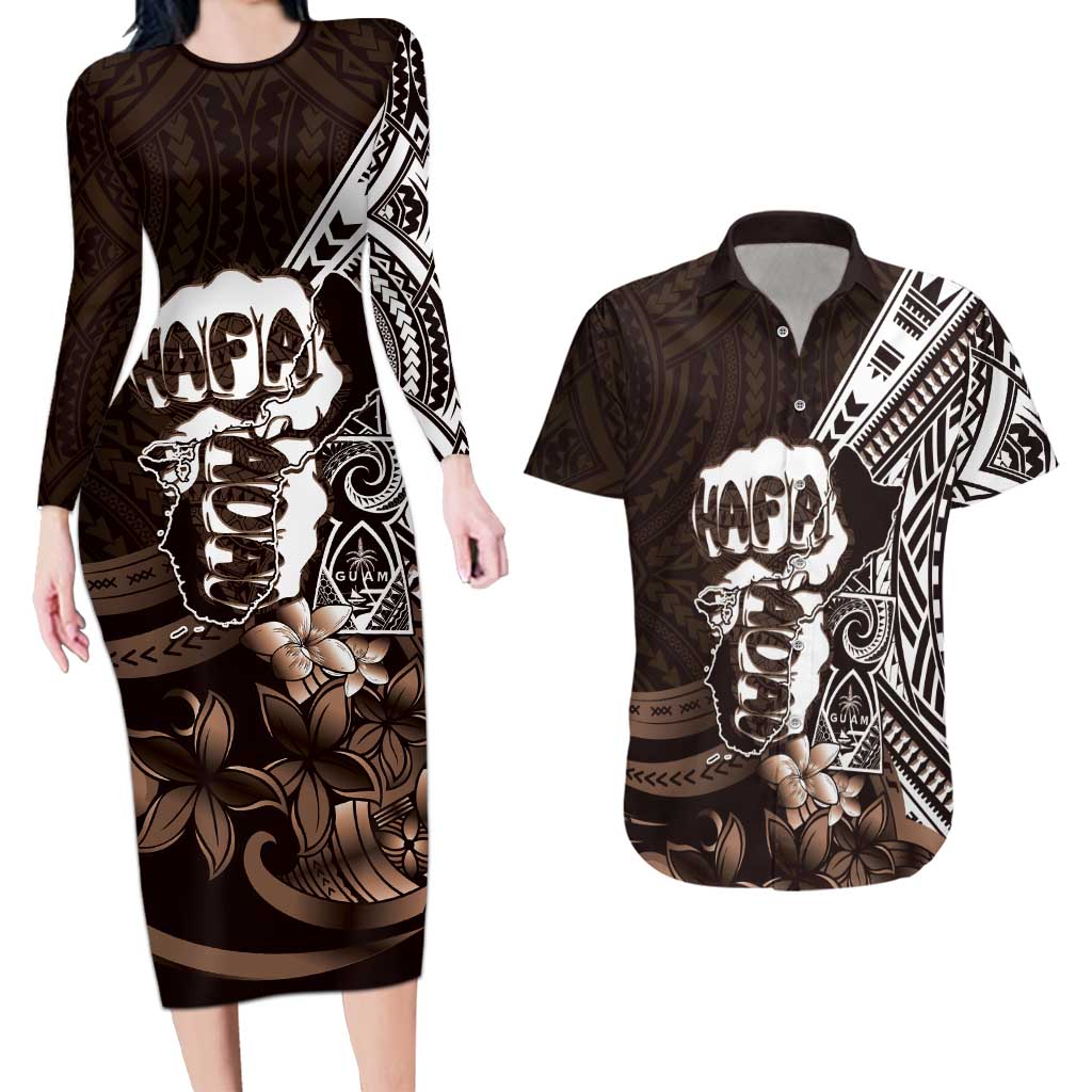 Hafa Adai Guam Discovery Day Couples Matching Long Sleeve Bodycon Dress and Hawaiian Shirt Chamorro Latte Stone Hand Brown Version LT14 Brown - Polynesian Pride