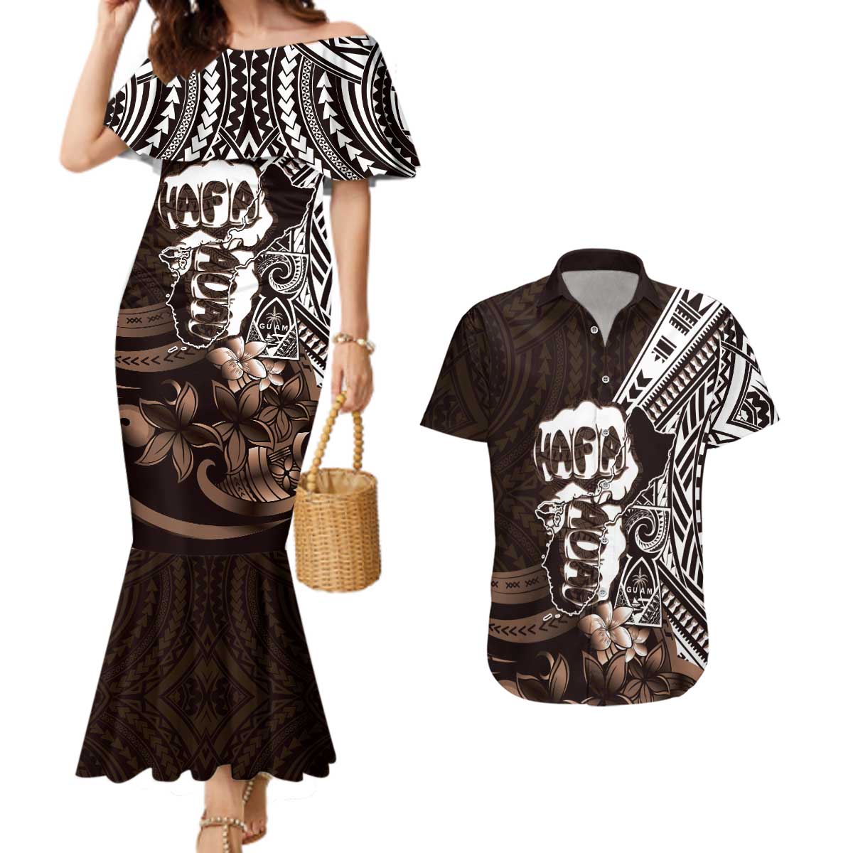 Hafa Adai Guam Discovery Day Couples Matching Mermaid Dress and Hawaiian Shirt Chamorro Latte Stone Hand Brown Version LT14 Brown - Polynesian Pride