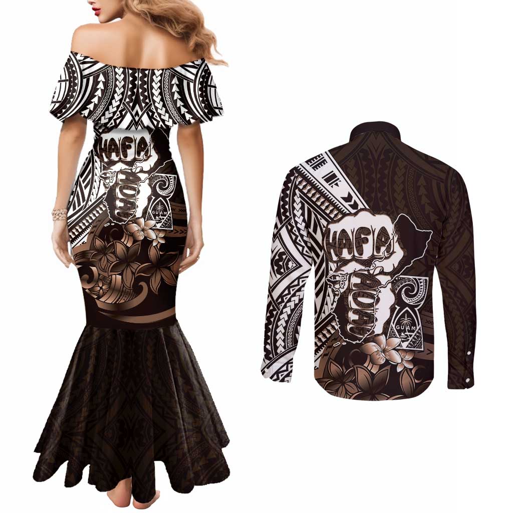Hafa Adai Guam Discovery Day Couples Matching Mermaid Dress and Long Sleeve Button Shirt Chamorro Latte Stone Hand Brown Version LT14 - Polynesian Pride