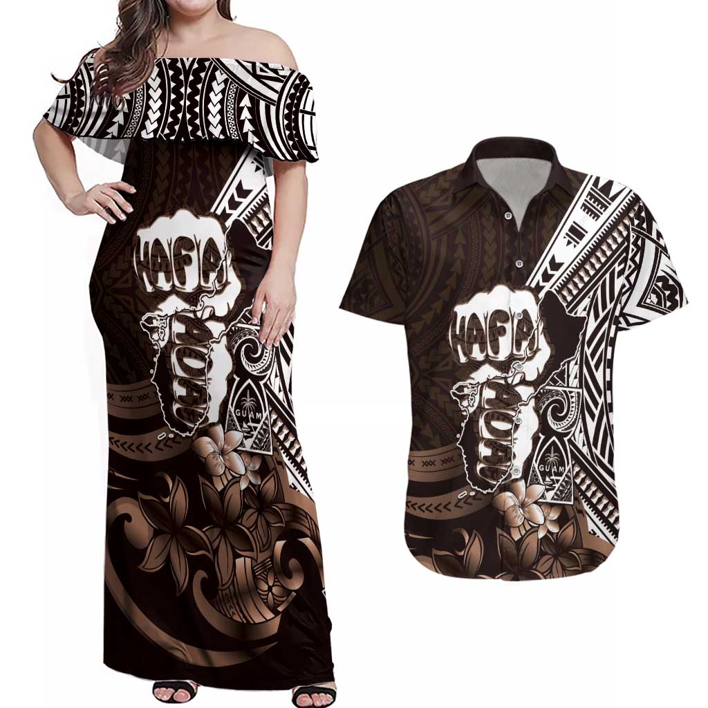 Hafa Adai Guam Discovery Day Couples Matching Off Shoulder Maxi Dress and Hawaiian Shirt Chamorro Latte Stone Hand Brown Version LT14 Brown - Polynesian Pride
