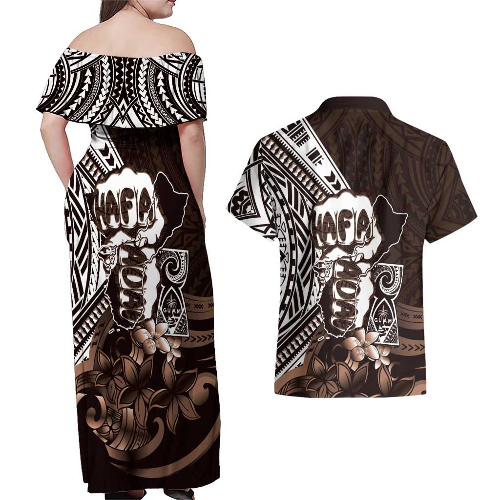 Hafa Adai Guam Discovery Day Couples Matching Off Shoulder Maxi Dress and Hawaiian Shirt Chamorro Latte Stone Hand Brown Version LT14 - Polynesian Pride