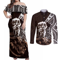 Hafa Adai Guam Discovery Day Couples Matching Off Shoulder Maxi Dress and Long Sleeve Button Shirt Chamorro Latte Stone Hand Brown Version LT14 Brown - Polynesian Pride