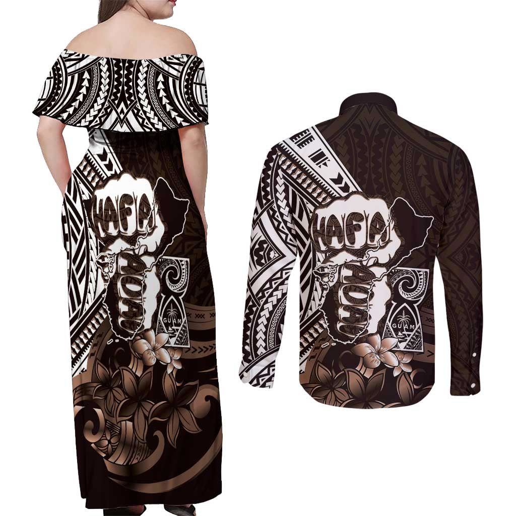 Hafa Adai Guam Discovery Day Couples Matching Off Shoulder Maxi Dress and Long Sleeve Button Shirt Chamorro Latte Stone Hand Brown Version LT14 - Polynesian Pride