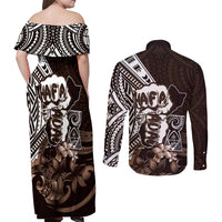 Hafa Adai Guam Discovery Day Couples Matching Off Shoulder Maxi Dress and Long Sleeve Button Shirt Chamorro Latte Stone Hand Brown Version LT14 - Polynesian Pride