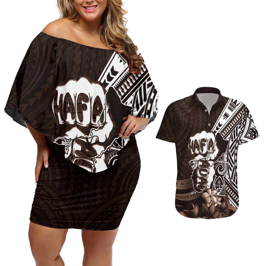 Hafa Adai Guam Discovery Day Couples Matching Off Shoulder Short Dress and Hawaiian Shirt Chamorro Latte Stone Hand Brown Version LT14 Brown - Polynesian Pride