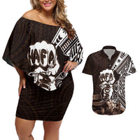 Hafa Adai Guam Discovery Day Couples Matching Off Shoulder Short Dress and Hawaiian Shirt Chamorro Latte Stone Hand Brown Version LT14 Brown - Polynesian Pride