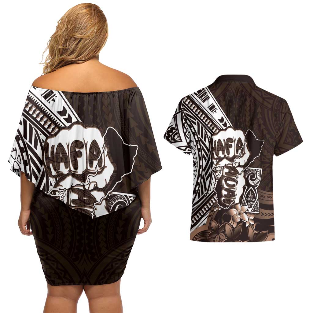 Hafa Adai Guam Discovery Day Couples Matching Off Shoulder Short Dress and Hawaiian Shirt Chamorro Latte Stone Hand Brown Version LT14 - Polynesian Pride