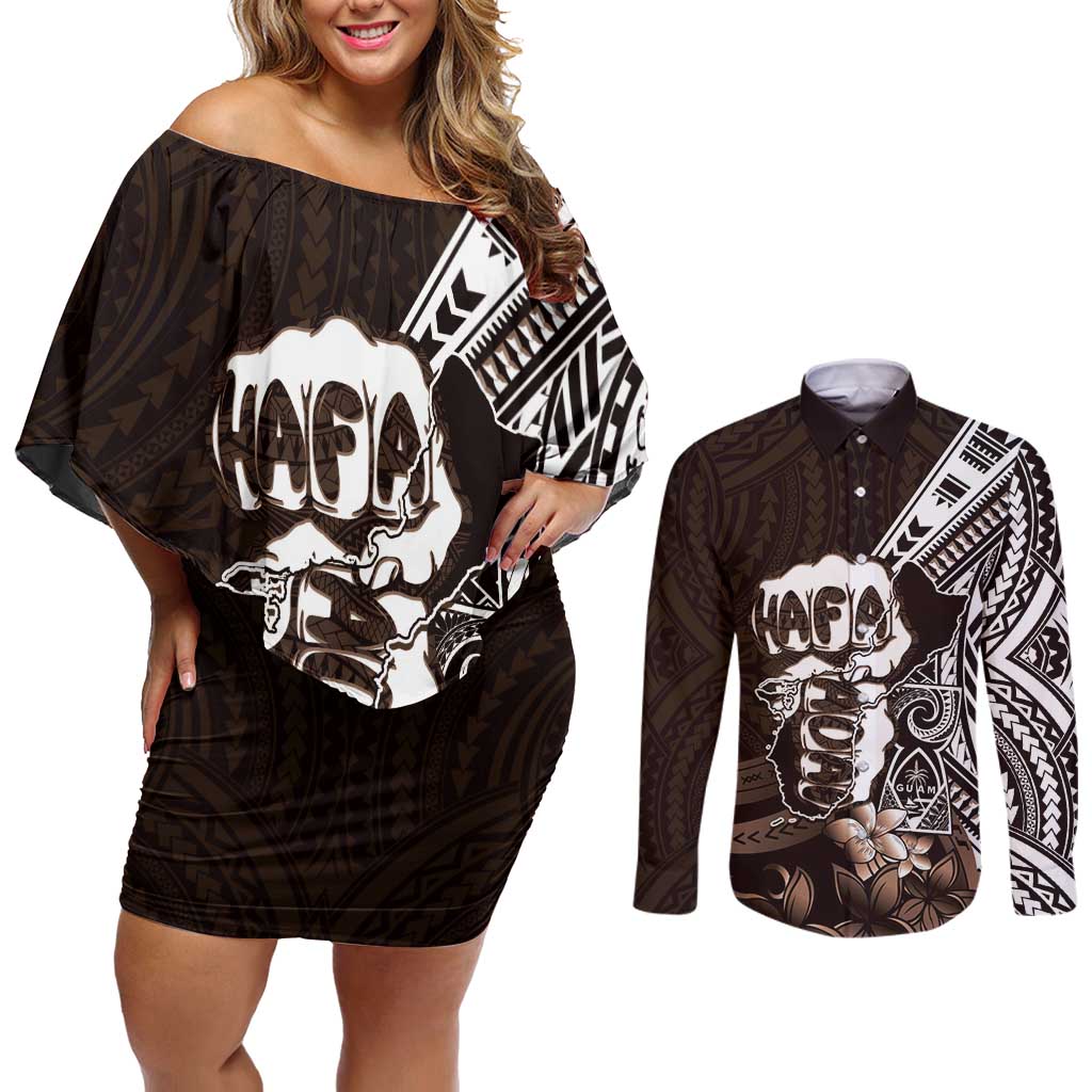 Hafa Adai Guam Discovery Day Couples Matching Off Shoulder Short Dress and Long Sleeve Button Shirt Chamorro Latte Stone Hand Brown Version LT14 Brown - Polynesian Pride
