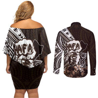 Hafa Adai Guam Discovery Day Couples Matching Off Shoulder Short Dress and Long Sleeve Button Shirt Chamorro Latte Stone Hand Brown Version LT14 - Polynesian Pride