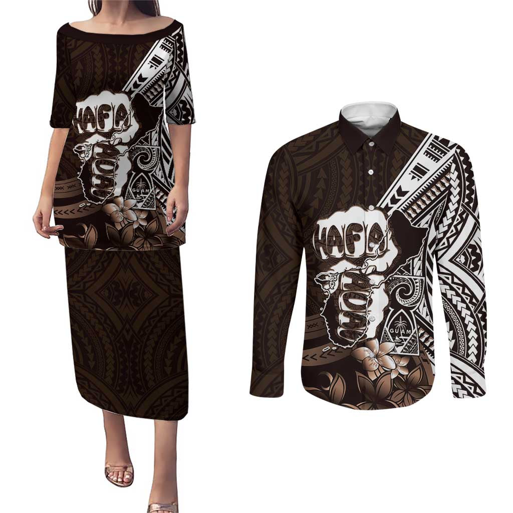 Hafa Adai Guam Discovery Day Couples Matching Puletasi and Long Sleeve Button Shirt Chamorro Latte Stone Hand Brown Version LT14 Brown - Polynesian Pride