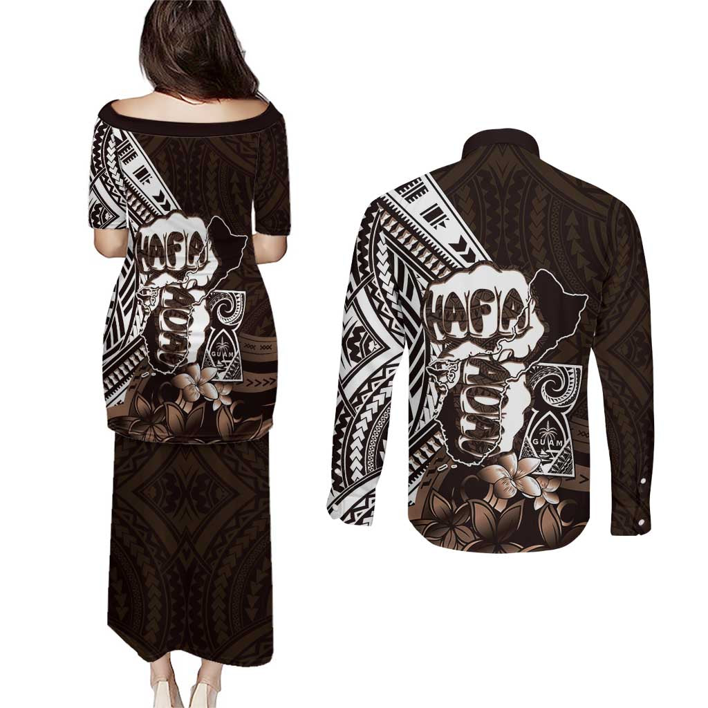 Hafa Adai Guam Discovery Day Couples Matching Puletasi and Long Sleeve Button Shirt Chamorro Latte Stone Hand Brown Version LT14 - Polynesian Pride