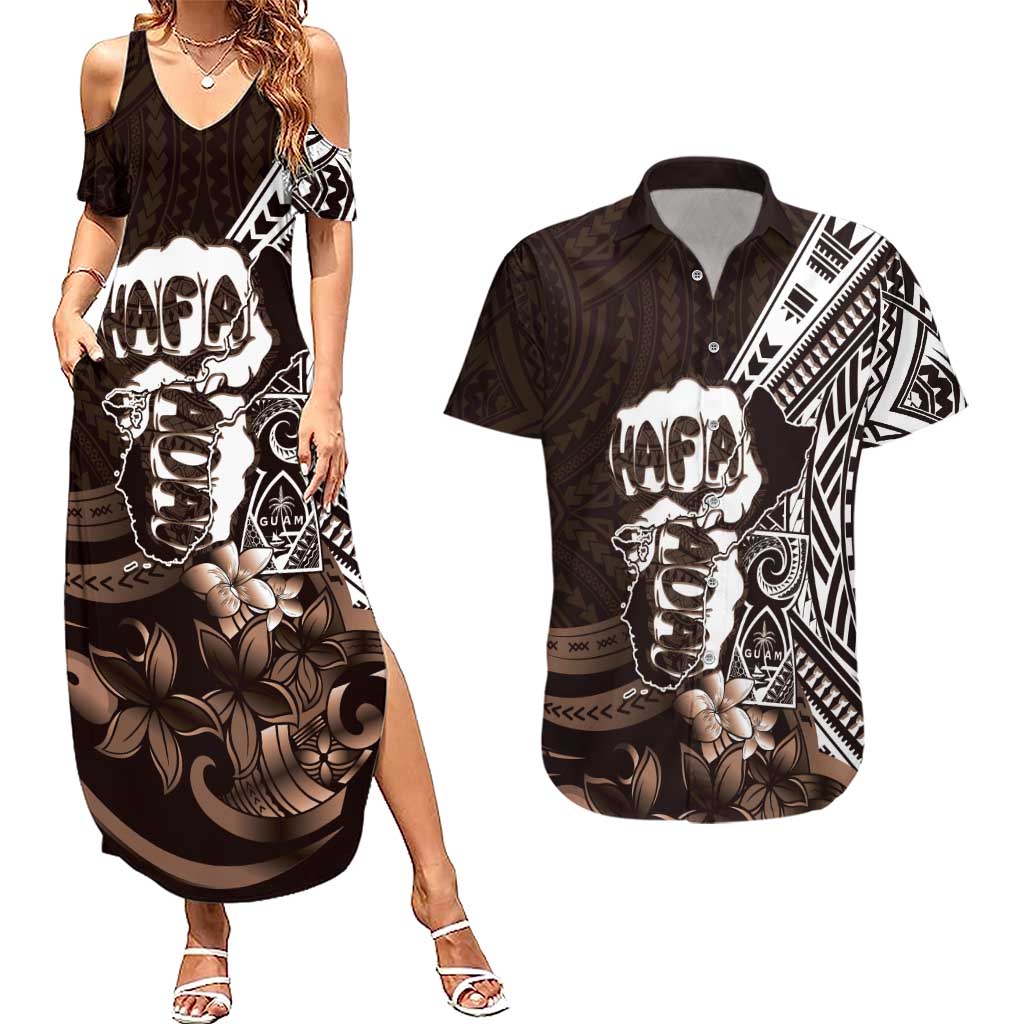 Hafa Adai Guam Discovery Day Couples Matching Summer Maxi Dress and Hawaiian Shirt Chamorro Latte Stone Hand Brown Version LT14 Brown - Polynesian Pride