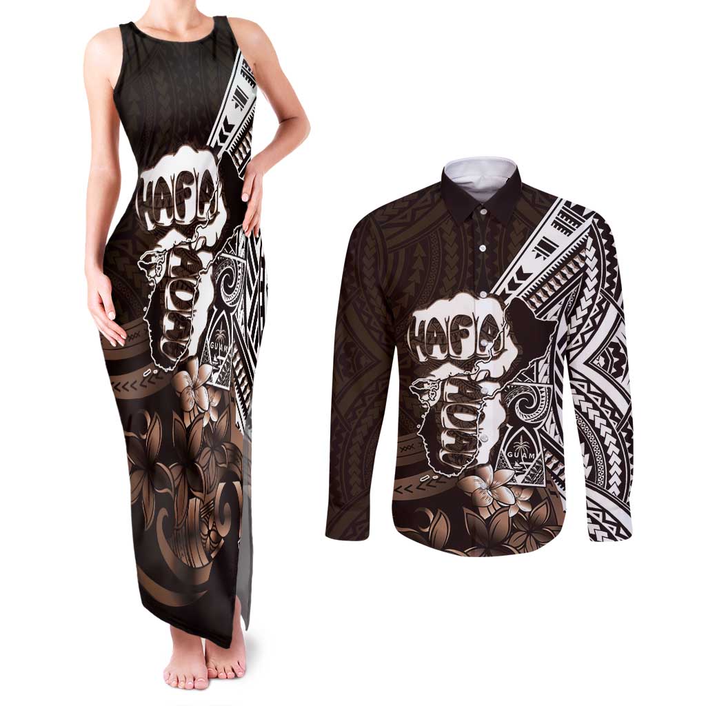 Hafa Adai Guam Discovery Day Couples Matching Tank Maxi Dress and Long Sleeve Button Shirt Chamorro Latte Stone Hand Brown Version LT14 Brown - Polynesian Pride