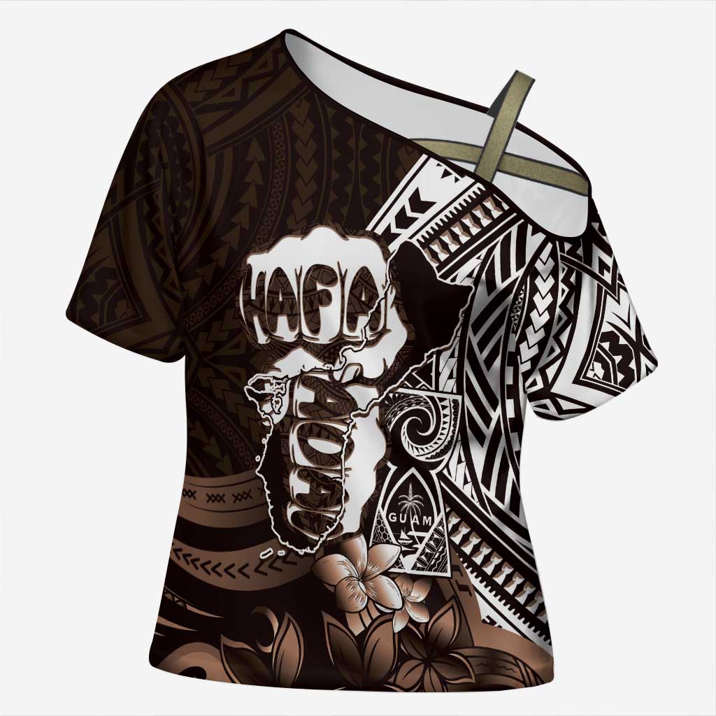 Hafa Adai Guam Discovery Day Cross Shoulder Shirt Chamorro Latte Stone Hand Brown Version LT14 Female Brown - Polynesian Pride