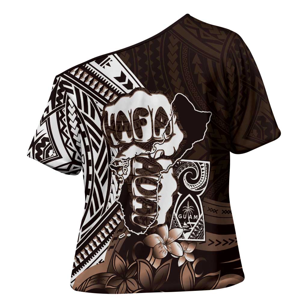Hafa Adai Guam Discovery Day Cross Shoulder Shirt Chamorro Latte Stone Hand Brown Version LT14 - Polynesian Pride