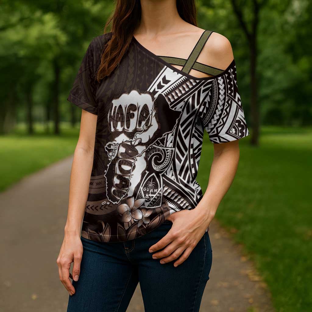 Hafa Adai Guam Discovery Day Cross Shoulder Shirt Chamorro Latte Stone Hand Brown Version LT14 - Polynesian Pride