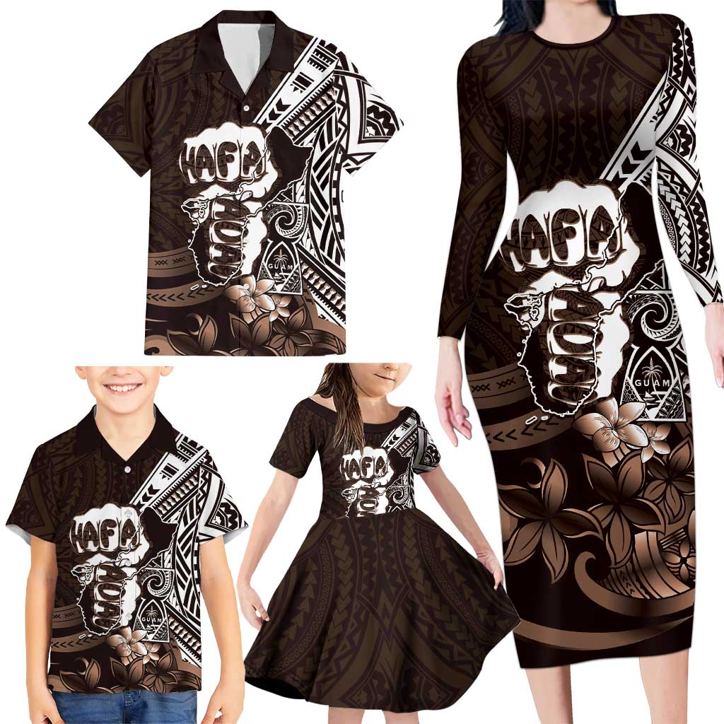Hafa Adai Guam Discovery Day Family Matching Long Sleeve Bodycon Dress and Hawaiian Shirt Chamorro Latte Stone Hand Brown Version